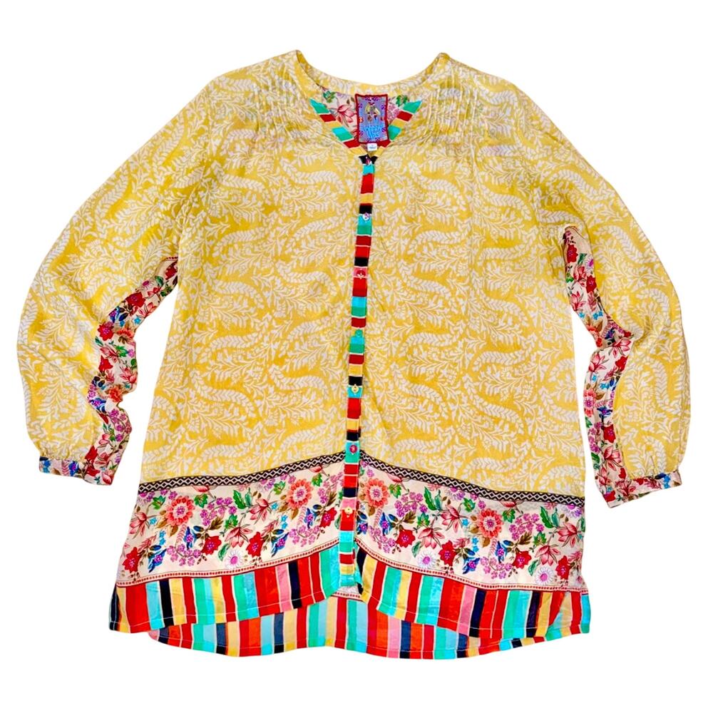 Johnny Was Millamo Blair Tunic L Yellow Floral Mixed Print Cupra Rayon Boho